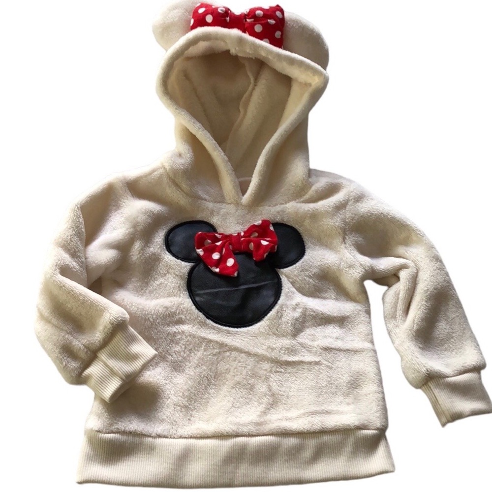 Baby Girl Soft White Fleece Minnie Mouse Hoodie with Ears and Bow | 12 Months